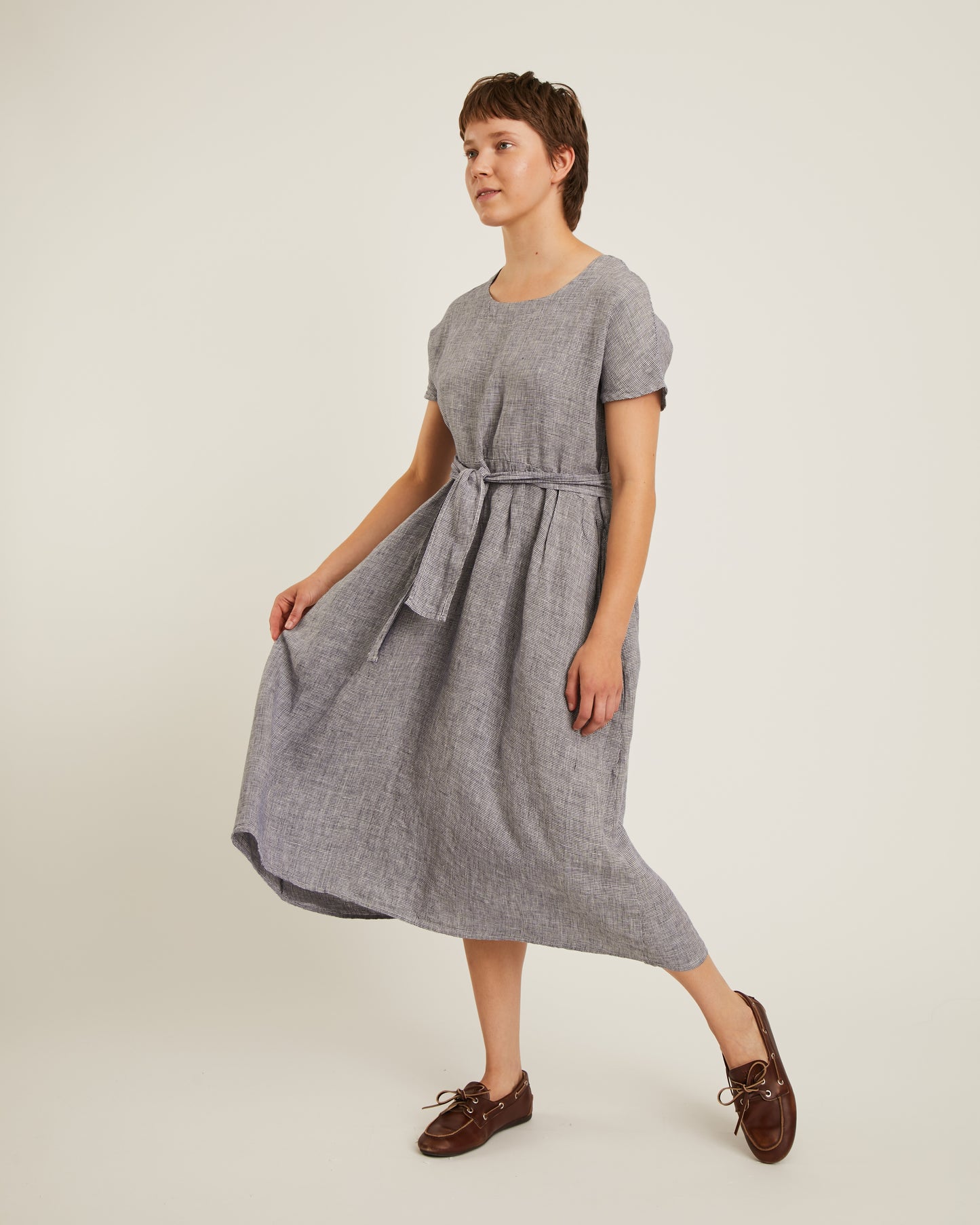 robe en lin REBECCA à motif mini pied-de-poule